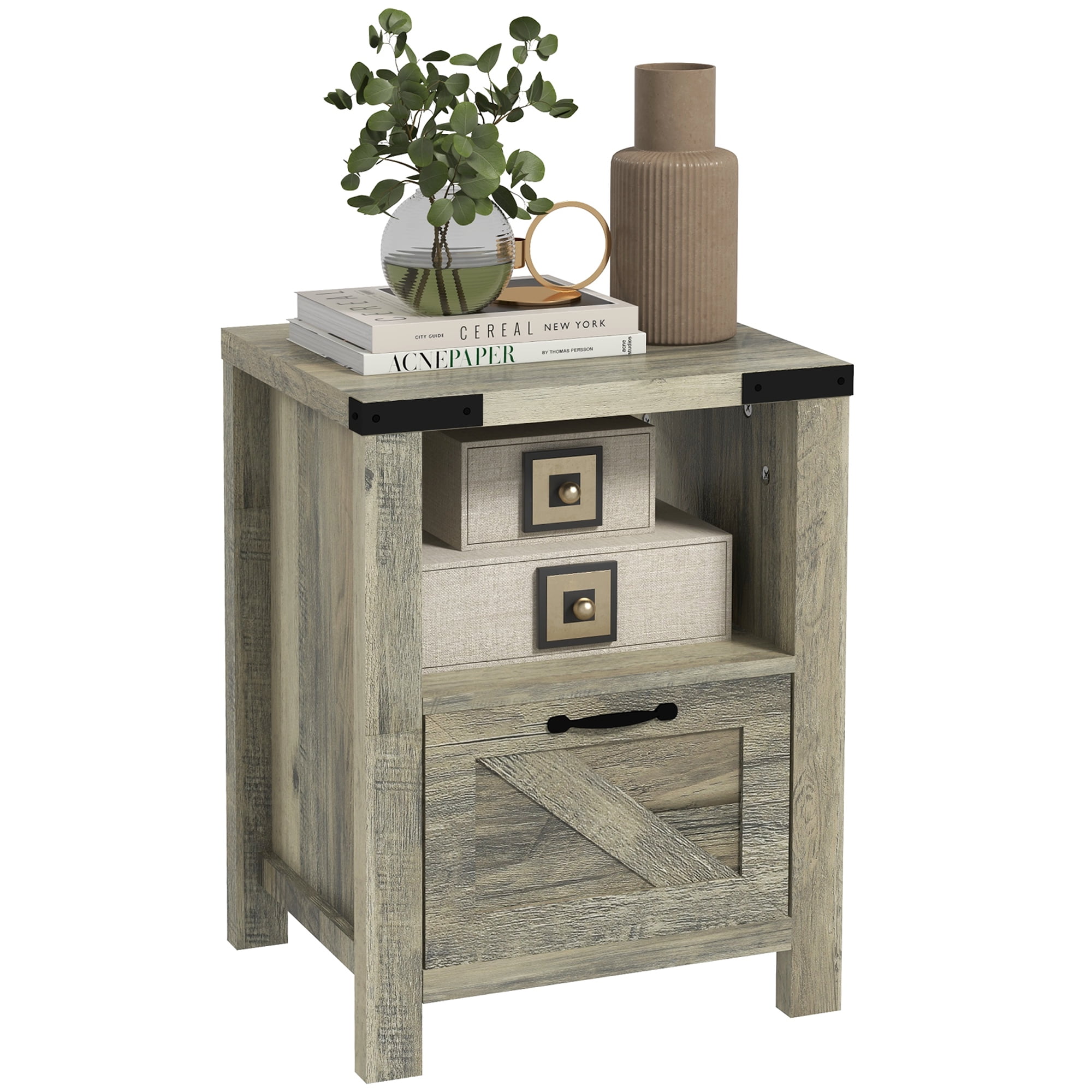 Farmhouse Side Table with Storage for Living Room Gray Oak