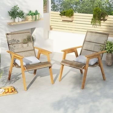 Modern Outdoor Patio Acacia Wood and Wicker Club Chairs with Cushions, Teak Light Brown, Set of 2
