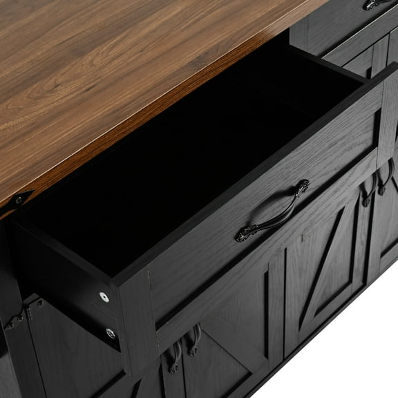 Kitchen Storage Island With Drop Leaf, Power Outlet, Rolling Wheels, 53.5'' X 29.23'' 36.5'', Black For Space 53.5''w Spice Rack, Supply, On