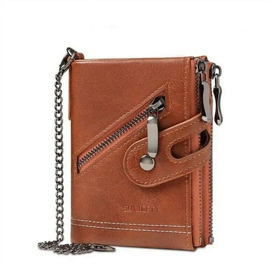 Men's Wallet with Chain Short Zipper Coin Purse Card Holder RFID Protection