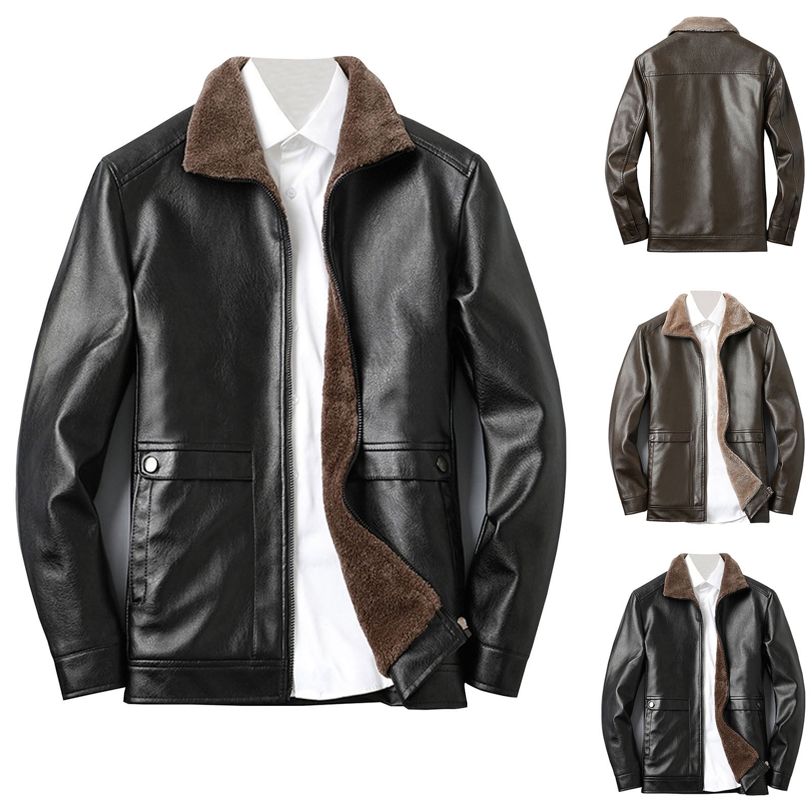 Turilly Mens Fashion Jackets Men Faux Leather Jacket Multiple Pockets Zipper Loose Coat Solid Color Long Sleeved Hoodless Jacket
