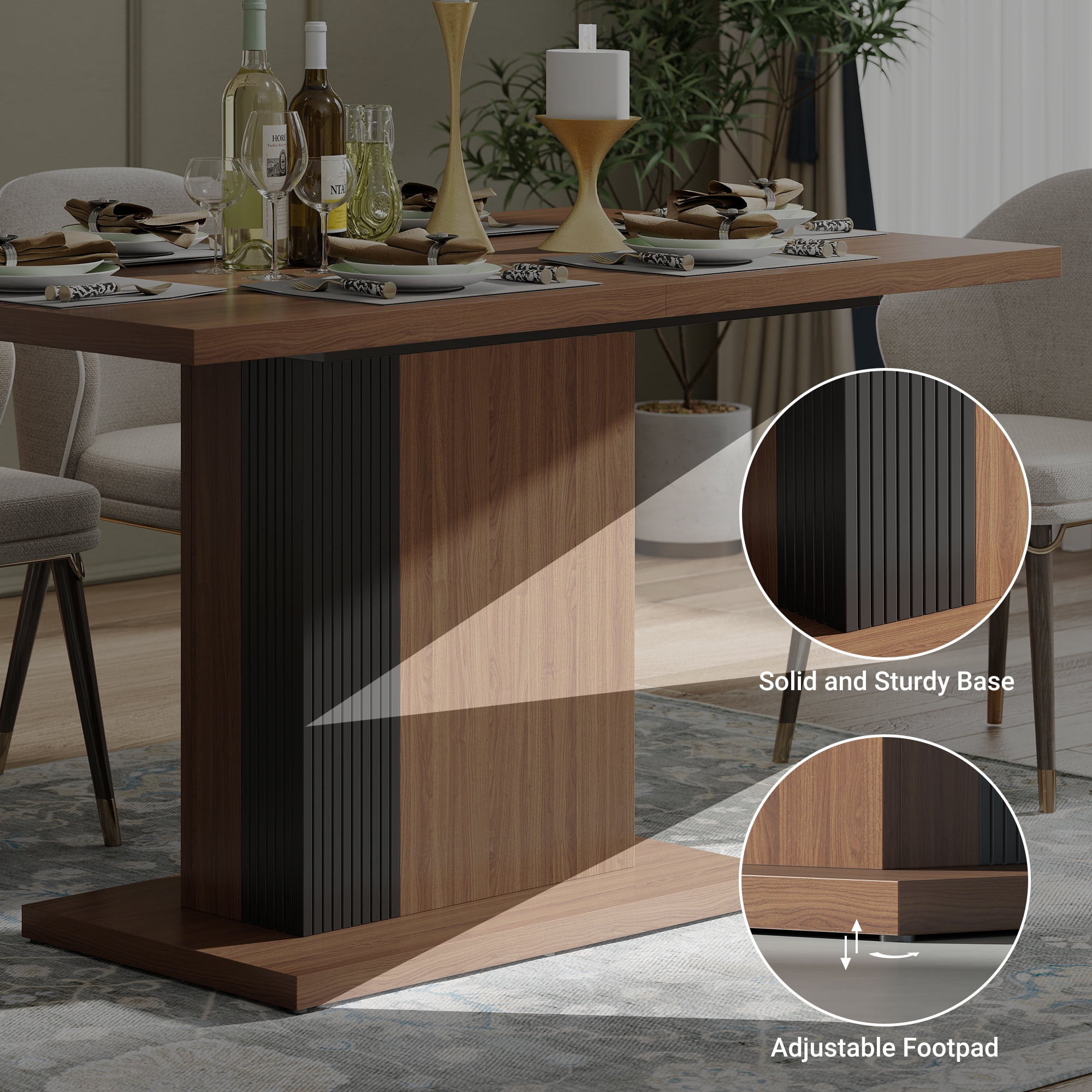 Manora 55.2'' Rectangular Dining Table for 4 People, Wood Farmhouse Dinner Table for Kitchen, Dining Room, Walnut & Black