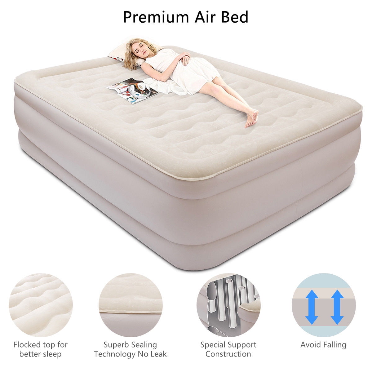 Queen Size Luxury Quilt Top Raised Air Mattress Elevated Airbed Built-in Pump