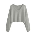 thumbnail image 6 of XRoczxe Women’s V‑Neck Long Sleeve Waffle Knit Crop Top, Casual Solid‑Color Loose Cropped Pullover Shirt, 6 of 9