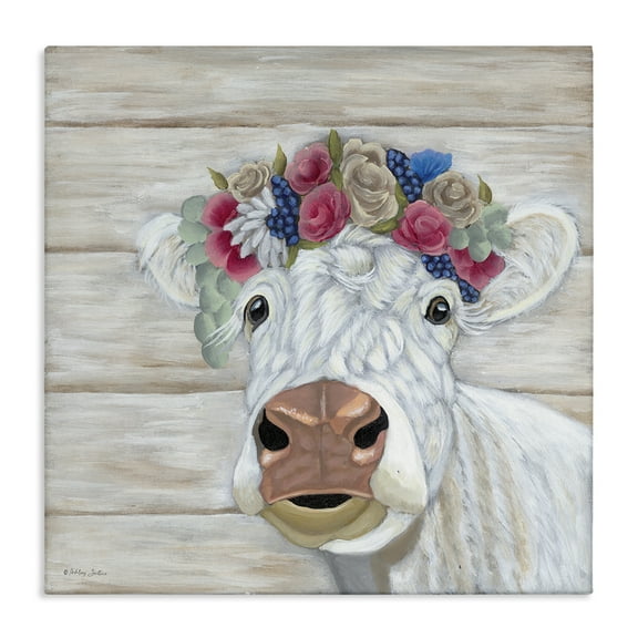 Stupell Industries Rustic Cow Flower Crown Animals & Insects Painting Gallery Wrapped Canvas Art Print Wall Art, 17 x 17