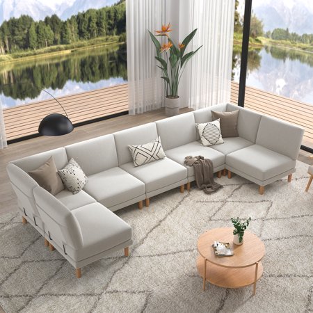 BLAZANT 7 Seat Modular Sectional Sofa, Oversized Convertible Sectional Couch, Modern U Shaped Couch Set with Metal Frame& Wooden Legs, Linen Fabric Sleeper Sectional Sofas for Living Room Apartment