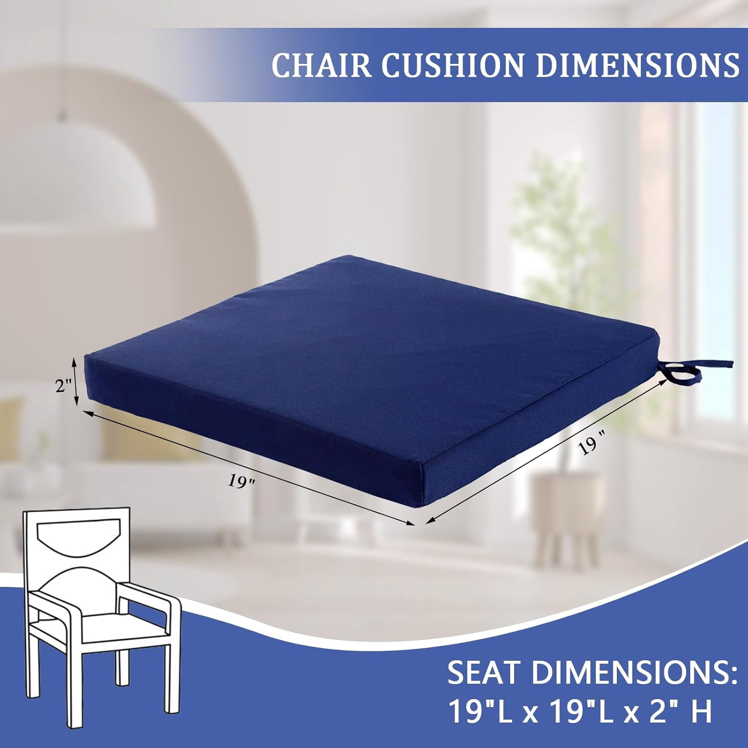 Patio Chair Cushions Set of 4, Outdoor Seat Cushions for Patio Furniture 19 x 19 Inch, Indoor Square Corner Dining Chair Pads Set with Ties and Inner Dust Cover, (Dark Blue)