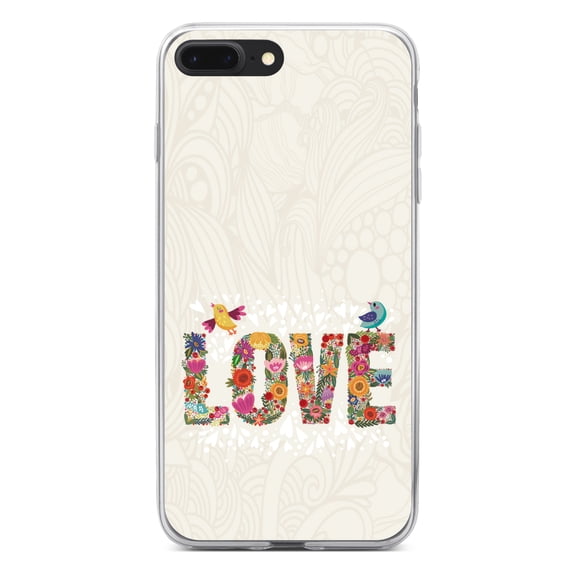 DistinctInk Clear Shockproof Hybrid Case for iPhone 7 PLUS / 8 PLUS (5.5" Screen) - TPU Bumper, Acrylic Back, Tempered Glass Screen Protector - Spring Collection - Floral LOVE Birds