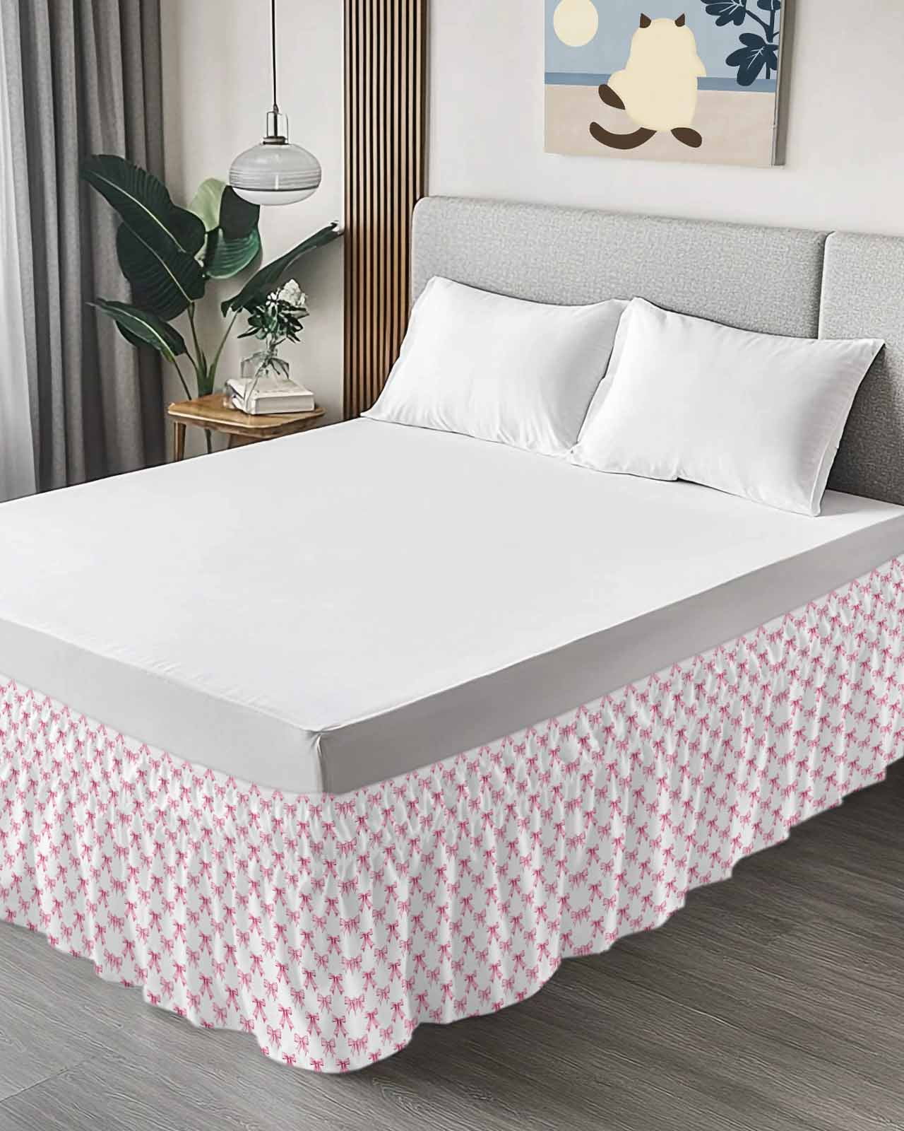 Cute Pink Bow Wrap Around Bed Skirts for Queen Bed 18" Drop, Bed Skirt with Adjustable Elastic Belt Dust Ruffle Bed Valance for Bedroom Hotel Luxury White Sweet Modern Watercolor Bed Frame Cover