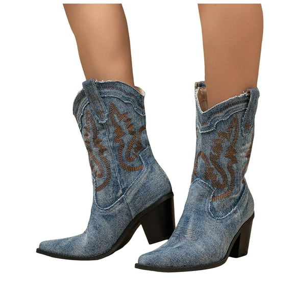 Denim Western Cowboy Boots for Women Street Casual Jeans Wide Mid Calf Pointed Toe Cowgirl Short Booties