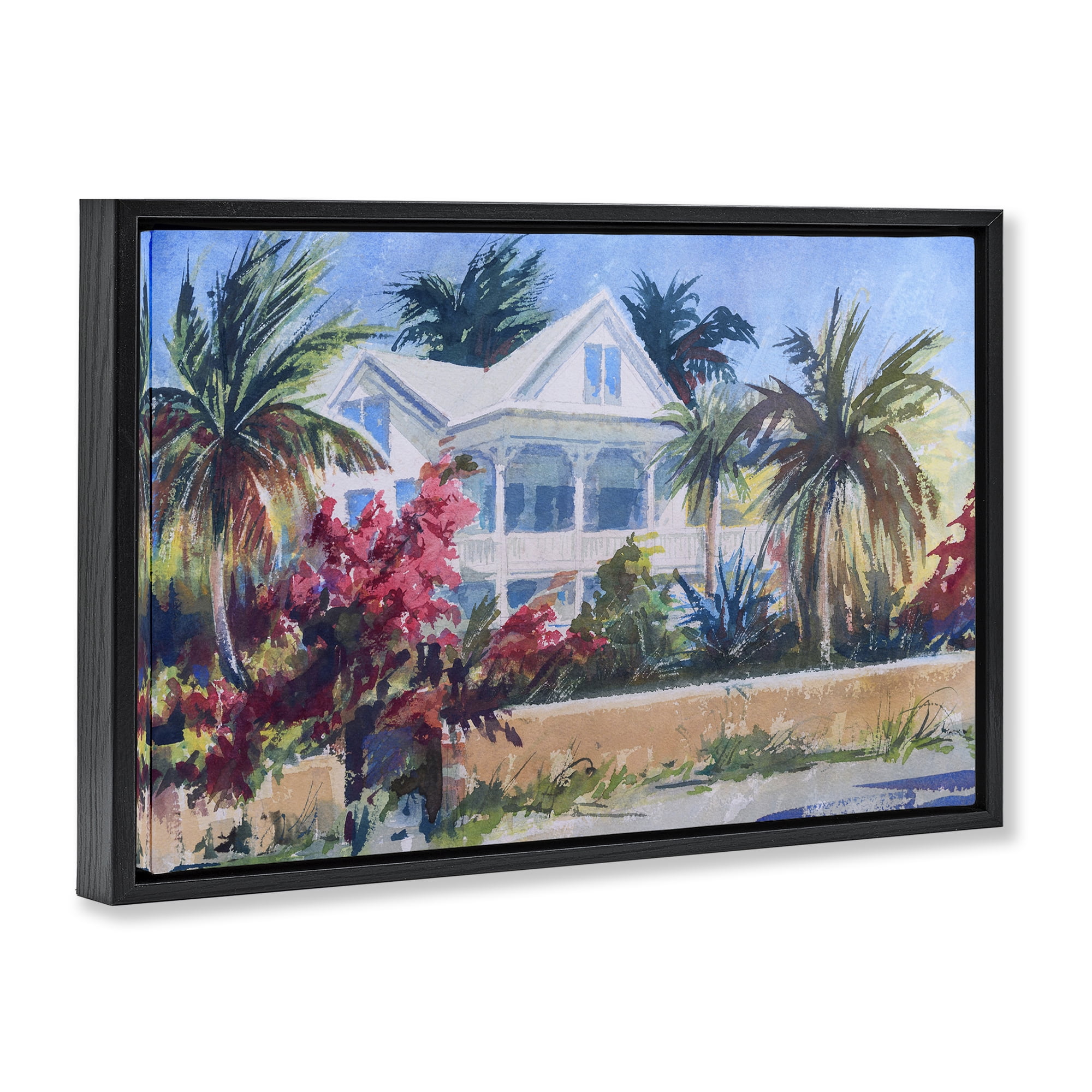 Stupell Industries Palm Tree Cottage Landscape Painting Black Floater Framed Canvas Art Print Wall Art, 31 x 21
