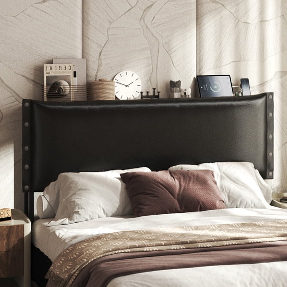 Patbrela Headboard Queen Size, Luxury Oil-Waxed Leather Upholstered Headboard with Adjustable Height Headboard from 42.1" to 46.1", Black