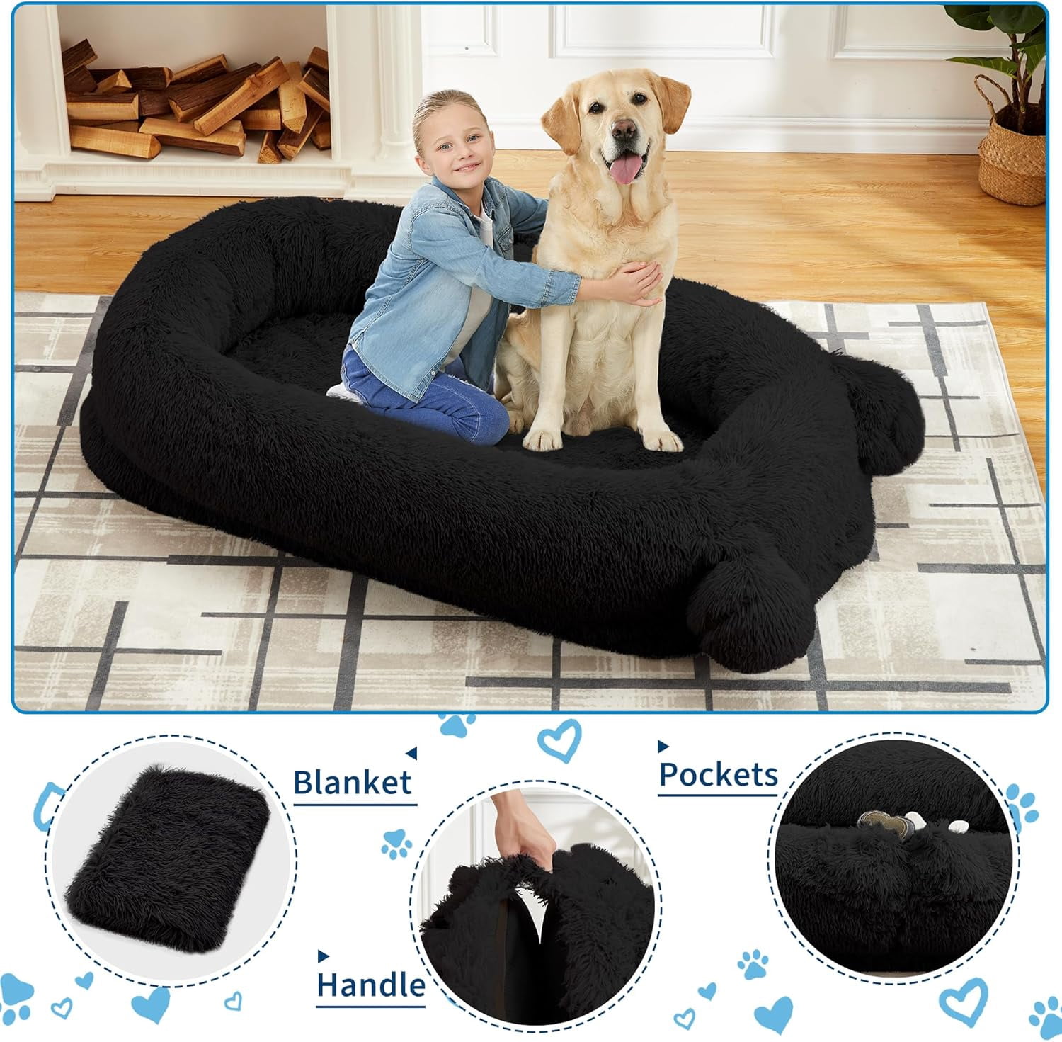 Human Sized Dog Bed, 70.87" x 45" x 12" Large Dog Bed with 2 Storage Pockets, Faux Fur Orthopedic Pet Bean Bed for Adults & Giant Pets - Black