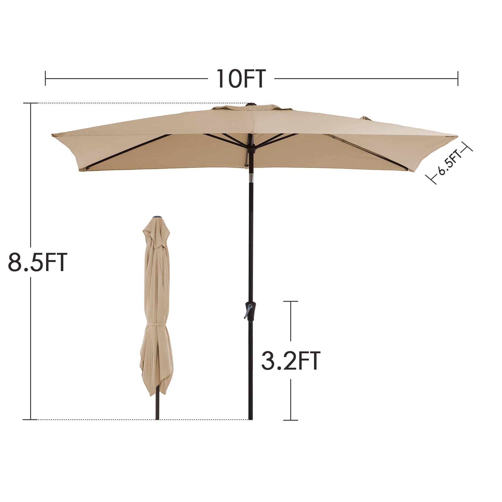 FUNDAZE 6.5' x 10' Rectangular Patio Umbrella w/ Crank, 8 Sturdy Ribs, Outdoor Shade for Chair Table Deck Garden Patio Poolside Balcony Backyard, Beige