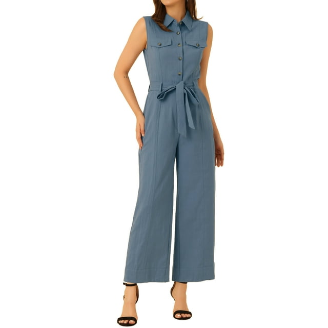 INSPIRAR CHIC Mono sin mangas con botones y lazo en la cintura para mujer M Azul claro