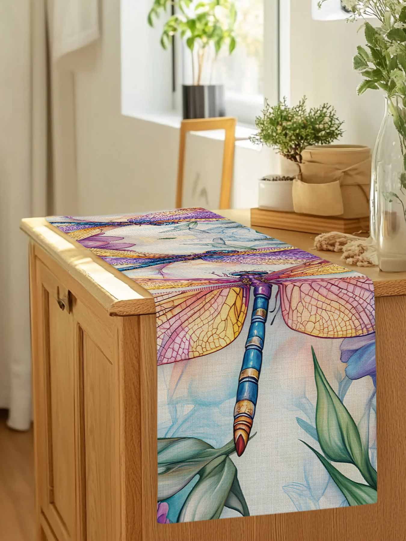 Colorful Rustic Pastoral Dragonfly Table Runner 90 Inches Long, Summer Watercolor Flower Table Runners Tabletop Scarf Kitchen Dining Tables Decoration for Home Party Indoor Outdoor