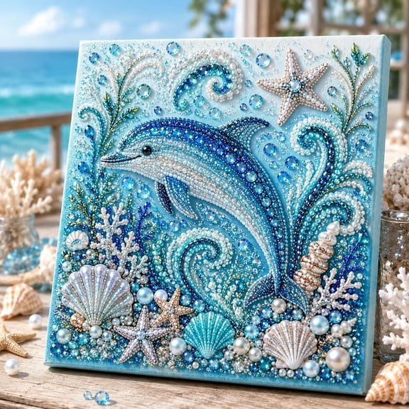 Ocean Theme Pearl Art 3D Diamond Painting Kit, Sparkling Coastal Sea Life Wall Art, Adult Craft Hobby and Stress Relief Project for Home Office and Living Space