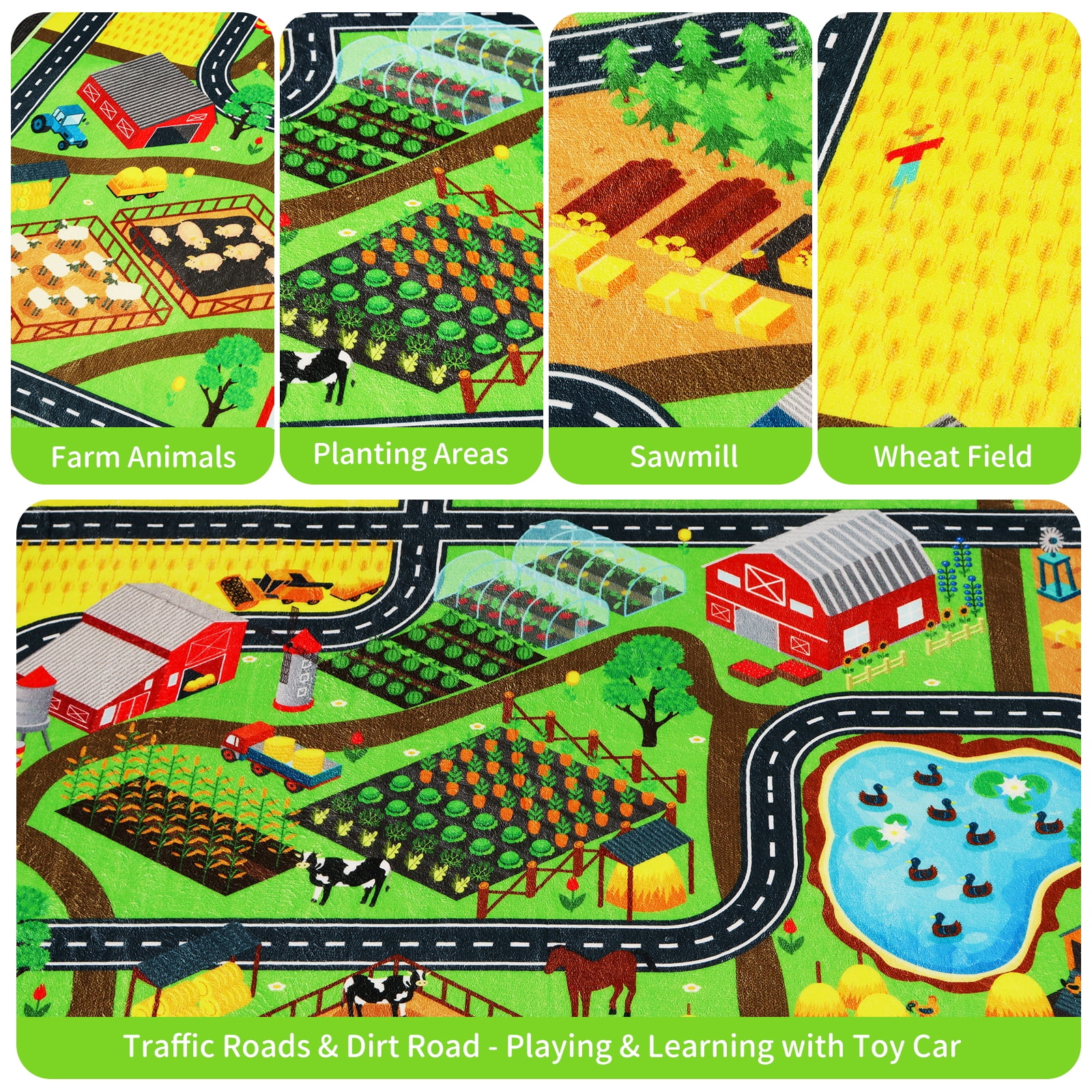 Kids Rug Car Rug for Toy Cars,Farm Life Road Traffic for Playroom Kid Car Road Rug Village Map Play Mat Non-Slip Washable Play Rug for Toddler Boy Family Tummy Time Playtime