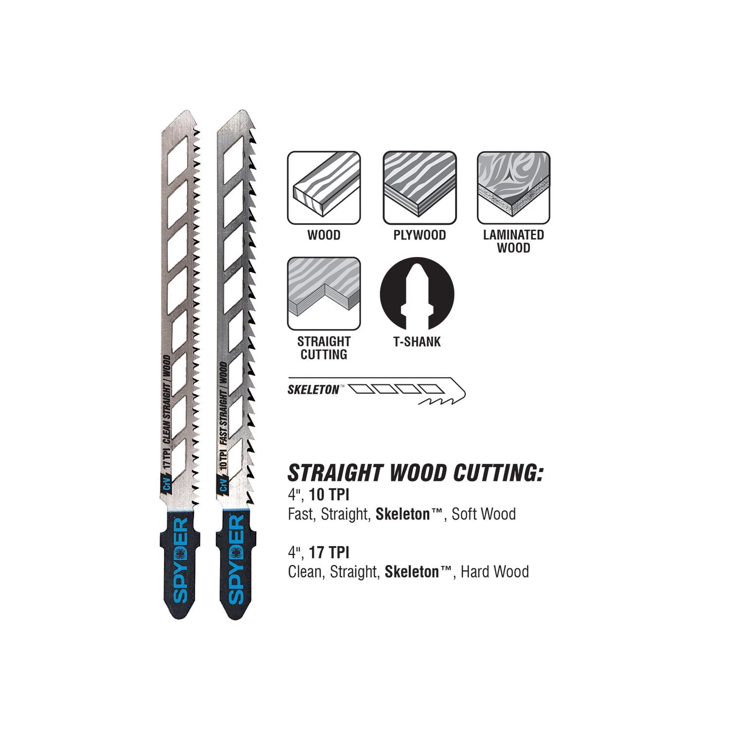 Spyder Skeleton™ 8-Piece Double-Sided And Skeleton T-Shank High-Carbon Steel Jig Saw Blade Set 300037