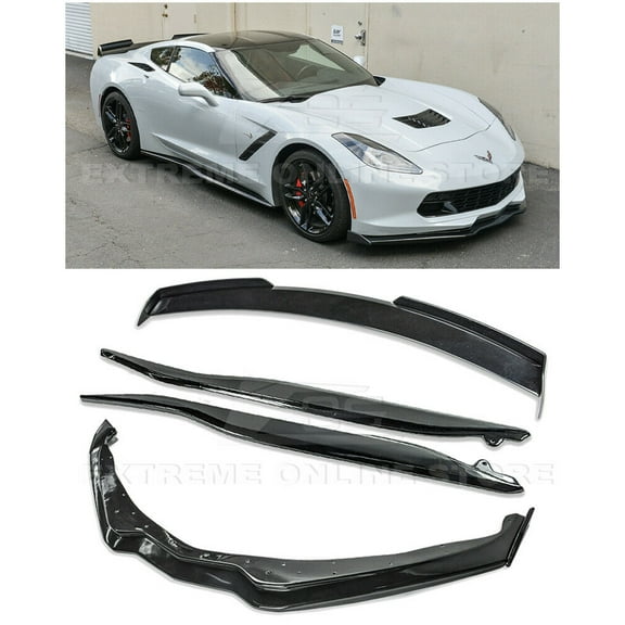 Replacement For 2014-2019 Corvette C7 ALL Models | Z06 Stage 2 PAINTED CARBON FLASH METALLIC Aerodynamic Full Body Combo Kit Front Splitter Carbon Fiber Side End Caps With Side Skirts & Rear Spoiler