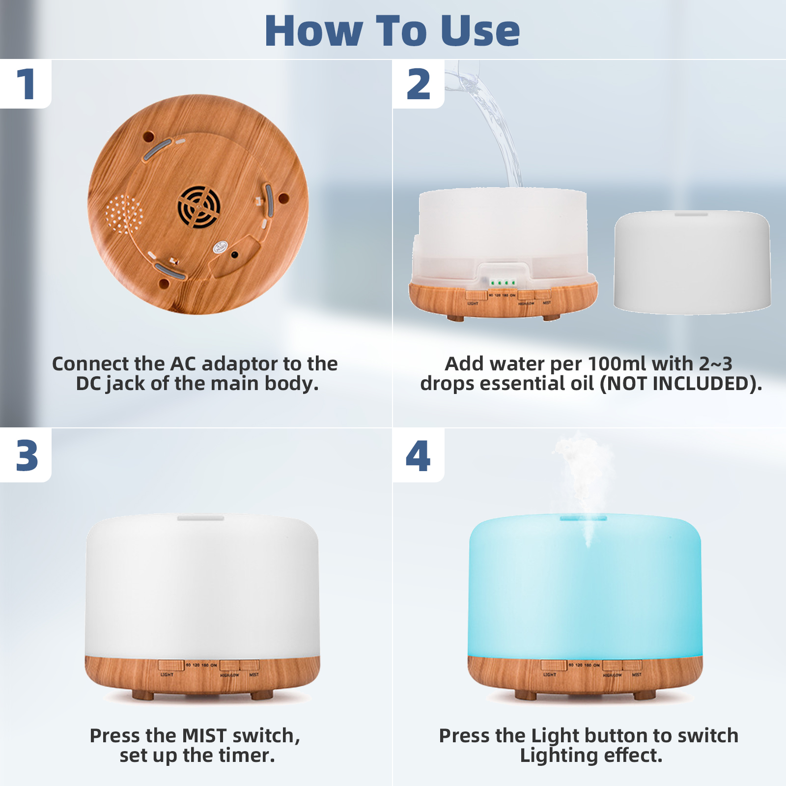 500ml Essential Oil Diffuser with Remote, 7 Colors & Timer photo 6