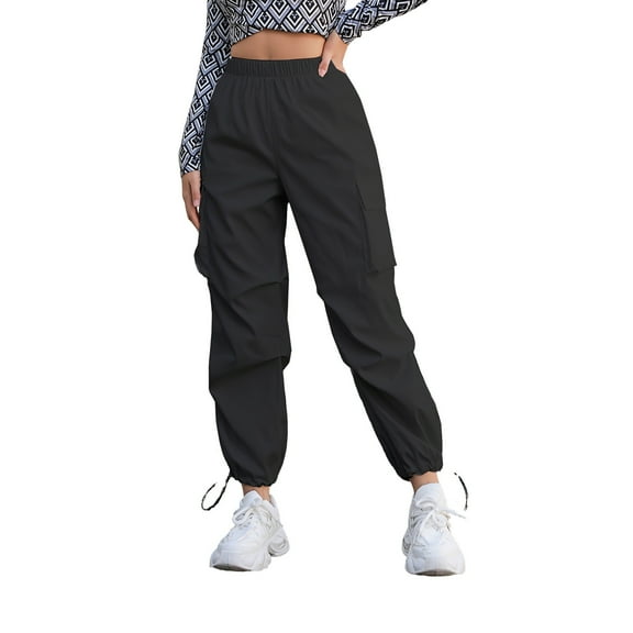 IVEYRTF Womens Fashion Elastic Waist Work Full Length Pants Straight Leg Adjustable Cuff Casual Trousers with Side Pockets Comfortable Daily Wear(Black,S)