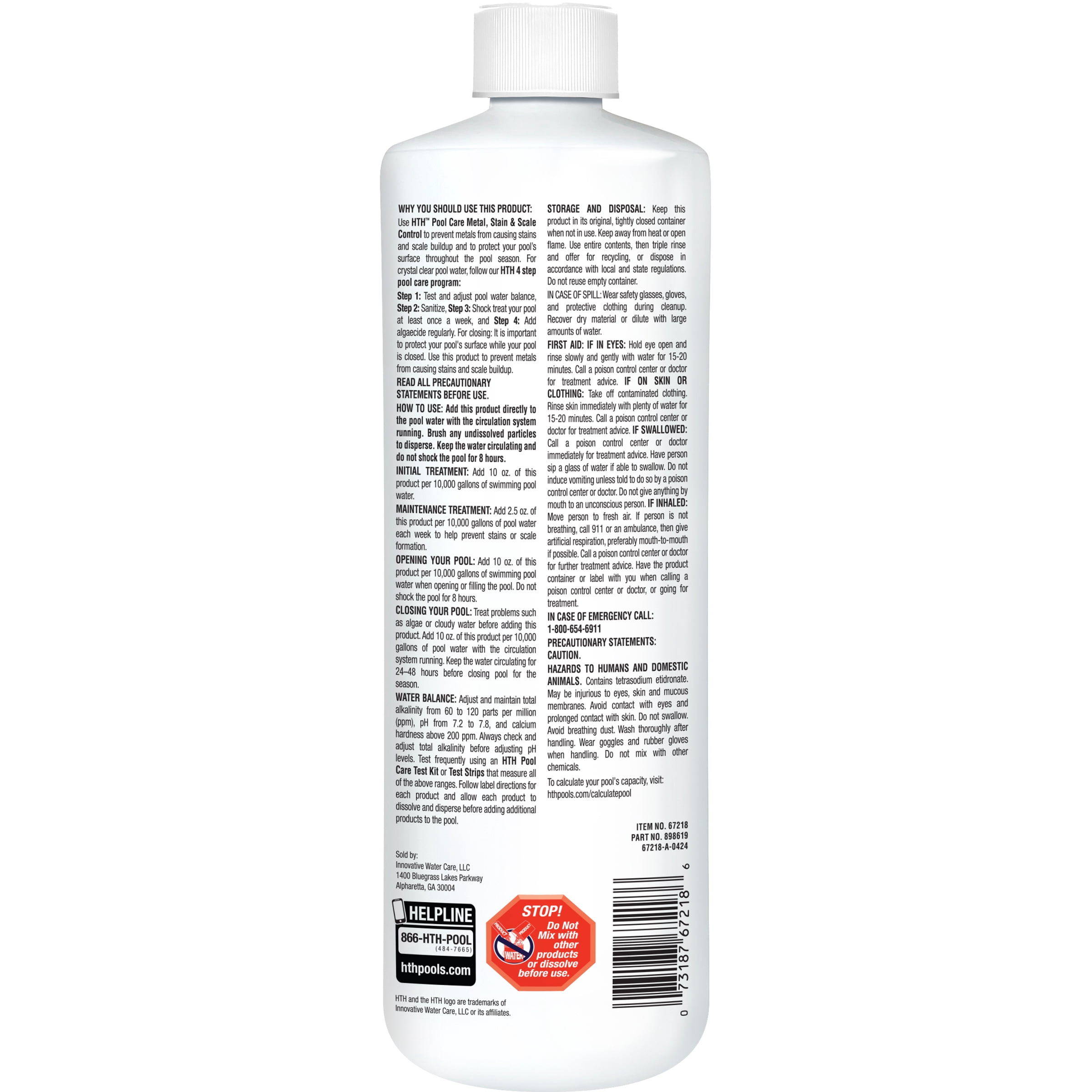 HTH Stain & Scale Preventer - Liquid, 28 fl oz - Swimming Pool, Swimming Pool Stain Remover, Prevents and Removes Metals and Scale
