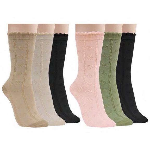 Clarks Women's Multicolor Assorted Crew Socks with Scallop Welt Cuff, 6 Pack