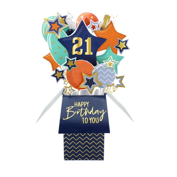 Clever Cube Pop Up Card - 21st Birthday - Balloons & Stars