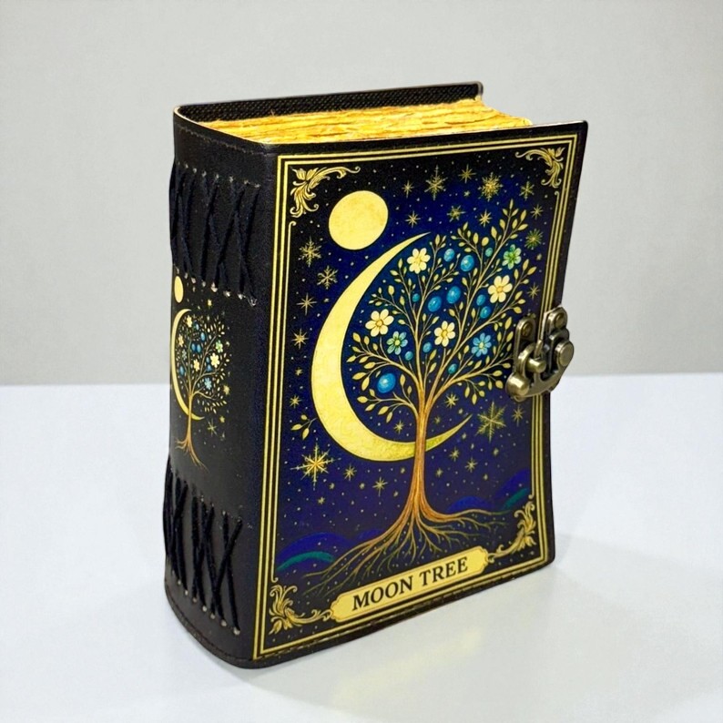 Personalized Moon Tree Leather Journal – Handmade Grimoire, 200 Pages Witchcraft Spell Book of Shadows,