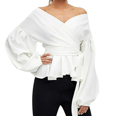 

Women Fashion Long Sleeve Strapless V-Neck Lantern Sleeve Bow Belt Bandage Tops Hot8sl4487986