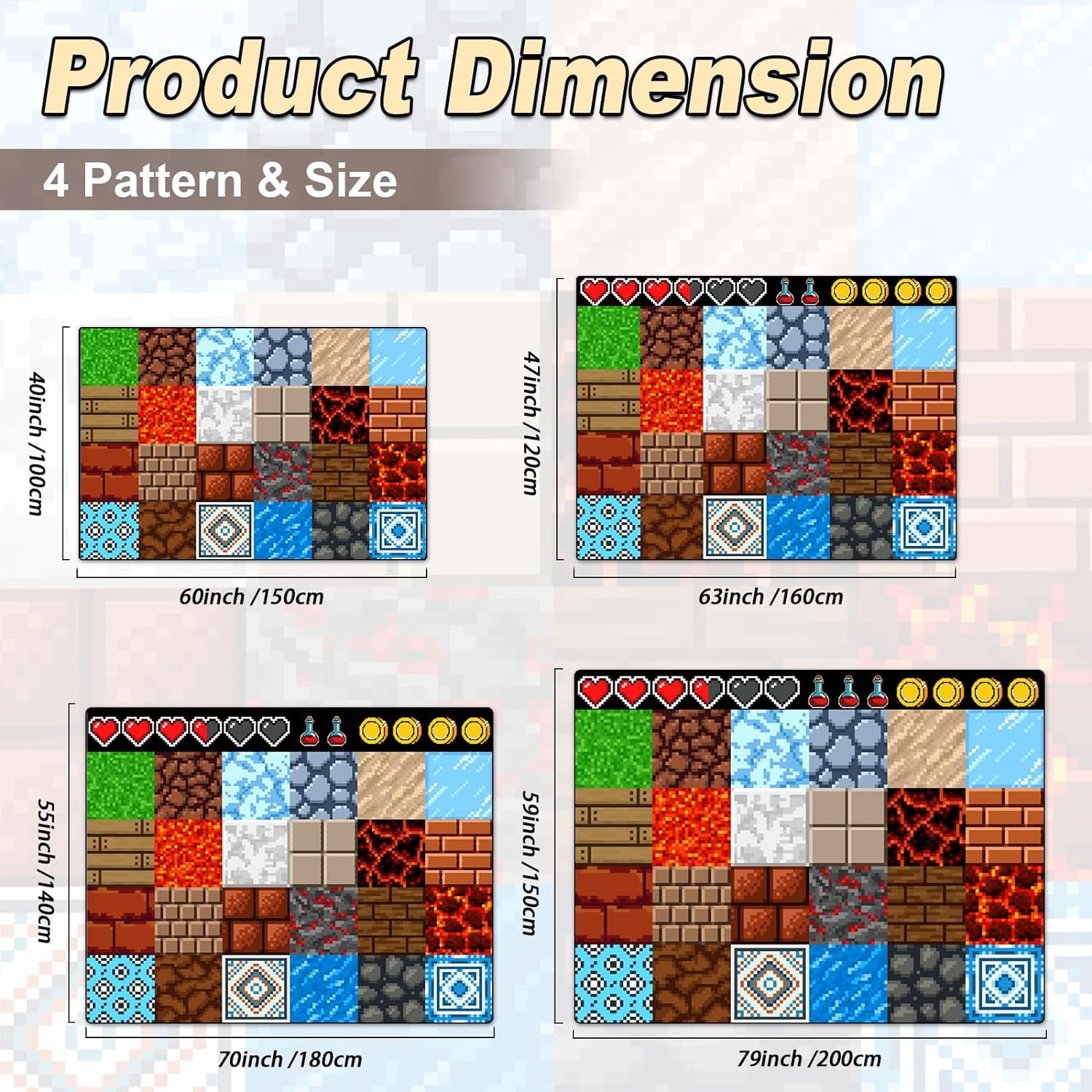 Game Rug Teen Boys Carpet with Pixel Game Element Decoration, 8 Bit Old Game Rugs for Boy’s Bedroom Living Room Playroom, Non-Slip Children Gaming Area Rugs (60" x 40")
