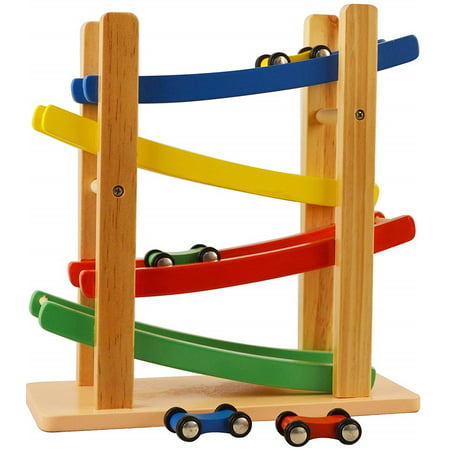 Wooden Car Ramps Race - 4 Level Toy Car Ramp Race Track Includes 4 Wooden Toy Cars - My First Baby Toys - Race Car Ramp Toy Set is A Great Gift for Boys and Girls -