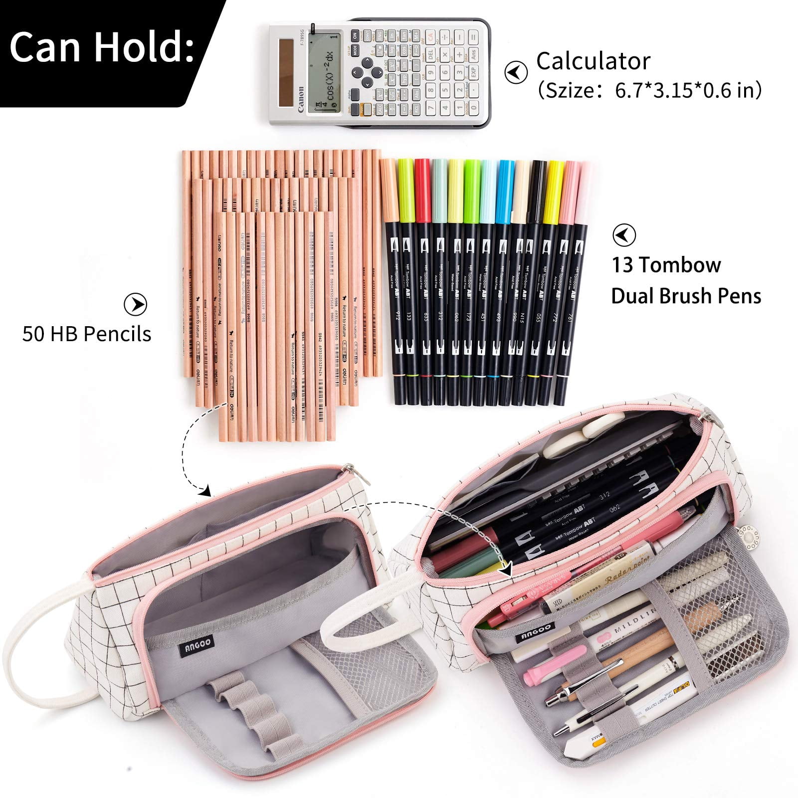 EASTHILL Large Capacity Colored Canvas Storage Pouch Marker Pen Pencil Case Simple Stationery Bag Holder For Middle High School Office College Student Girl Women Adult Teen Gift White Plai