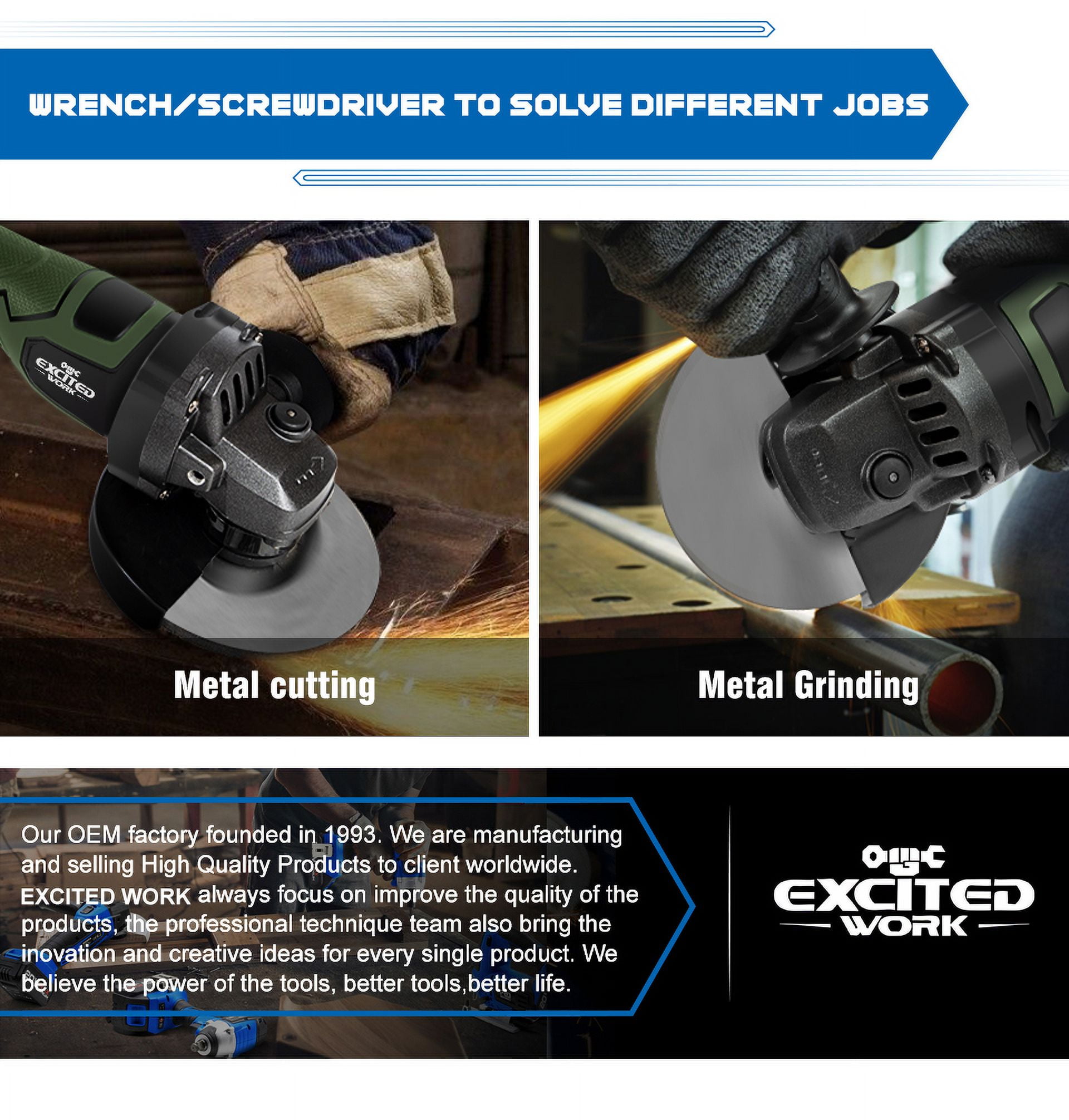EXCITED WORK 21V 5 inch Cordless Angle Grinder, 7500rpm Brushless Electric Metal Cutting Machine with Two 4.0A Batteries and Fast Charger, 4-1/2 "Grinding Wheel for Polishing, Grinding and Cutting