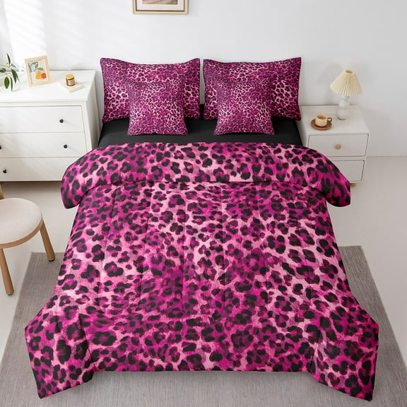 Erosebridal Cheetah Print Bedding Twin Size, Deep Pink Bed Set, Rustic Leopard Reversible Bedding Sets Twin Size, Ultra Soft Bedroom Decorative, 7-Piece