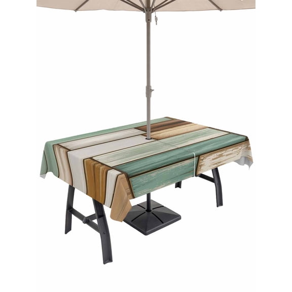 Outdoor Tablecloth with Umbrella Hole and Zipper, Sage Green Vintage Rectangle Table Cloth 52x70 Inch Waterproof Tablecloth, Brown Retro Farmhouse Elegant Pastoral Picnic Table Cover for Patio