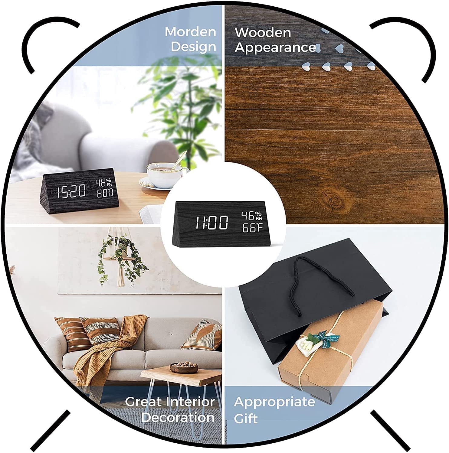 Digital Alarm Clock, Electronic LED Time Display 3 Alarm Settings Adjustable Brightness Humidity & Temperature Detect Wood Design for Bedroom, Bedside, Desk, Office (Black)