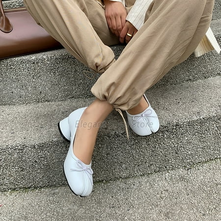 Genuine Leather Split Toe Pumps Women s Bowknot Mid Heel Ballet Shoes Round Heel Shallow Loafers Summer Comfortable Casual Shoes (white 37)