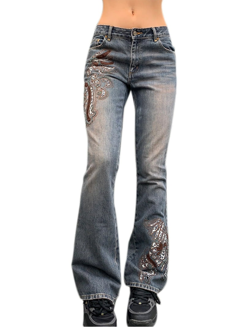 Sunisery Women Goth Low Waist Trousers Baggy Wide Leg Denim