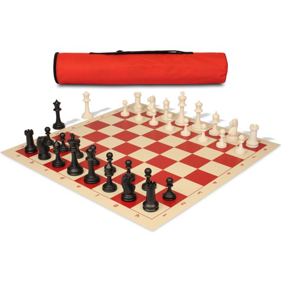 Archer's Bag Master Series Double-Weighted Plastic Chess Set - Black & Ivory Pieces - Red