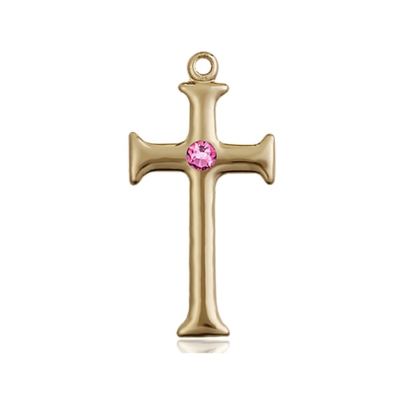 14kt Yellow Gold Cross Medal with 3mm October Rose Swarovski Crystal 1 x 1/2 inches