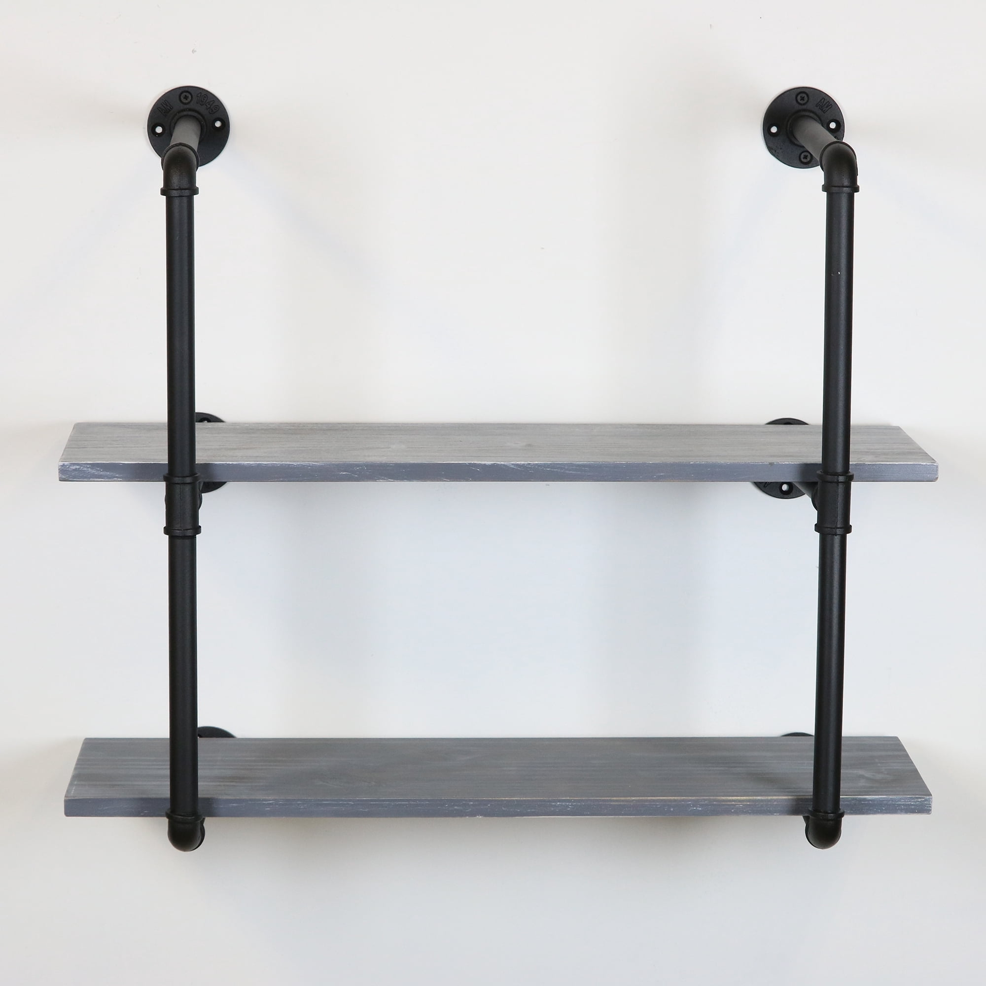 Warehouse of Tiffany Feduor Black Pipe 2-Level Weathered Gray Floating Wooden Bookshelves