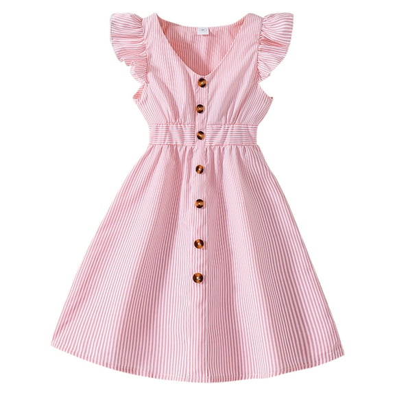 BULLPIANO Girls Summer Sleeveless Ruffle Dress Button Down Sundress Midi Casual Dress 8-12Y