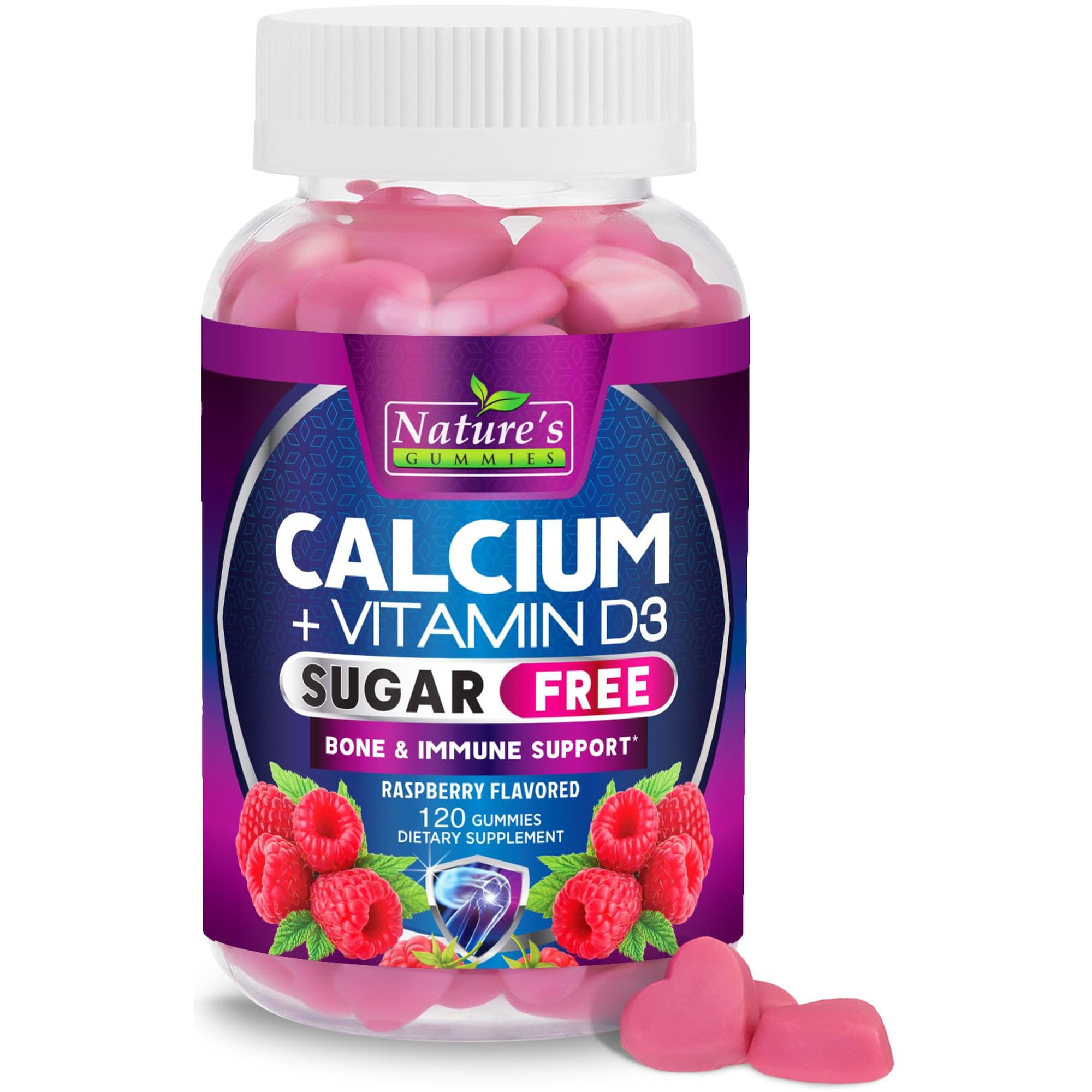 Calcium Supplement Gummies - Sugar Free Calcium Gummy with Vitamin D3 for Best Absorption - Supports Immune Health, Bones & Teeth - Nature's Calcium Chews for Women & Men - Berry Flavor - 120 Gummies