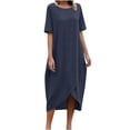 thumbnail image 2 of Puntoco Vestido De Manga Corta De Color Liso Con Cuello Redondo Para Mujer Azul Oscuro Xl,Regalos Para Mujer Joven, 2 of 6