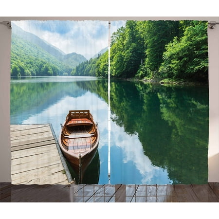 Pier 1 Bedroom - Lake Curtains 2 Panels Set, Wooden Boat at Pier on Biograd Mountain Lake Montenegro Idyllic Springtime, Window Drapes for Living Room Bedroom, 108W X 96L Inches, Green Brown Pale Blue, by Ambesonne