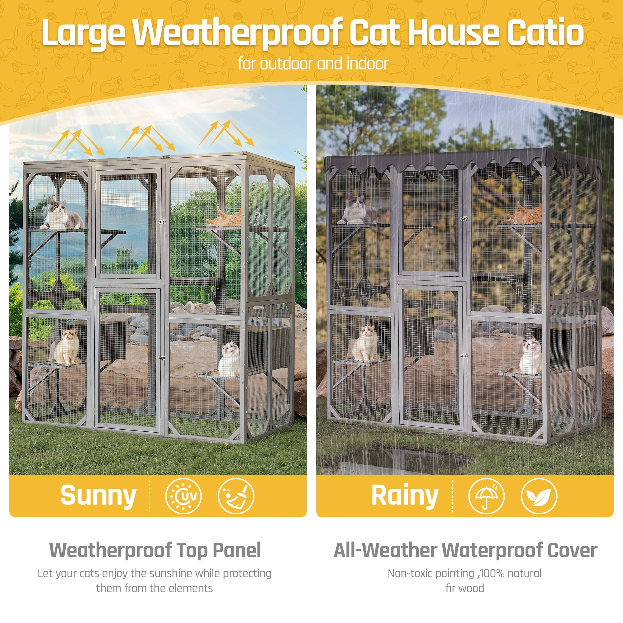 Outdoor Cat Enclosure with Weatherproof PVC Roof 72" Height Cat Wooden House Large Cat Catio