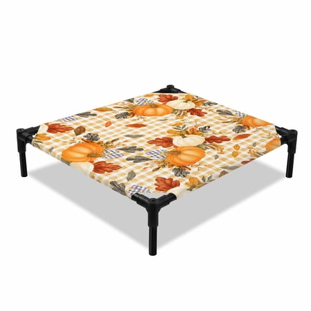 Thanksgiving Fall Elevated Dog Bed Rustic White Orange Pumpkin Leaves Gingham Cooling Breathable Outdoor Raised Dog Cot Bed with Metal Frame Non-Slip Feet for Small Dog 20x20in