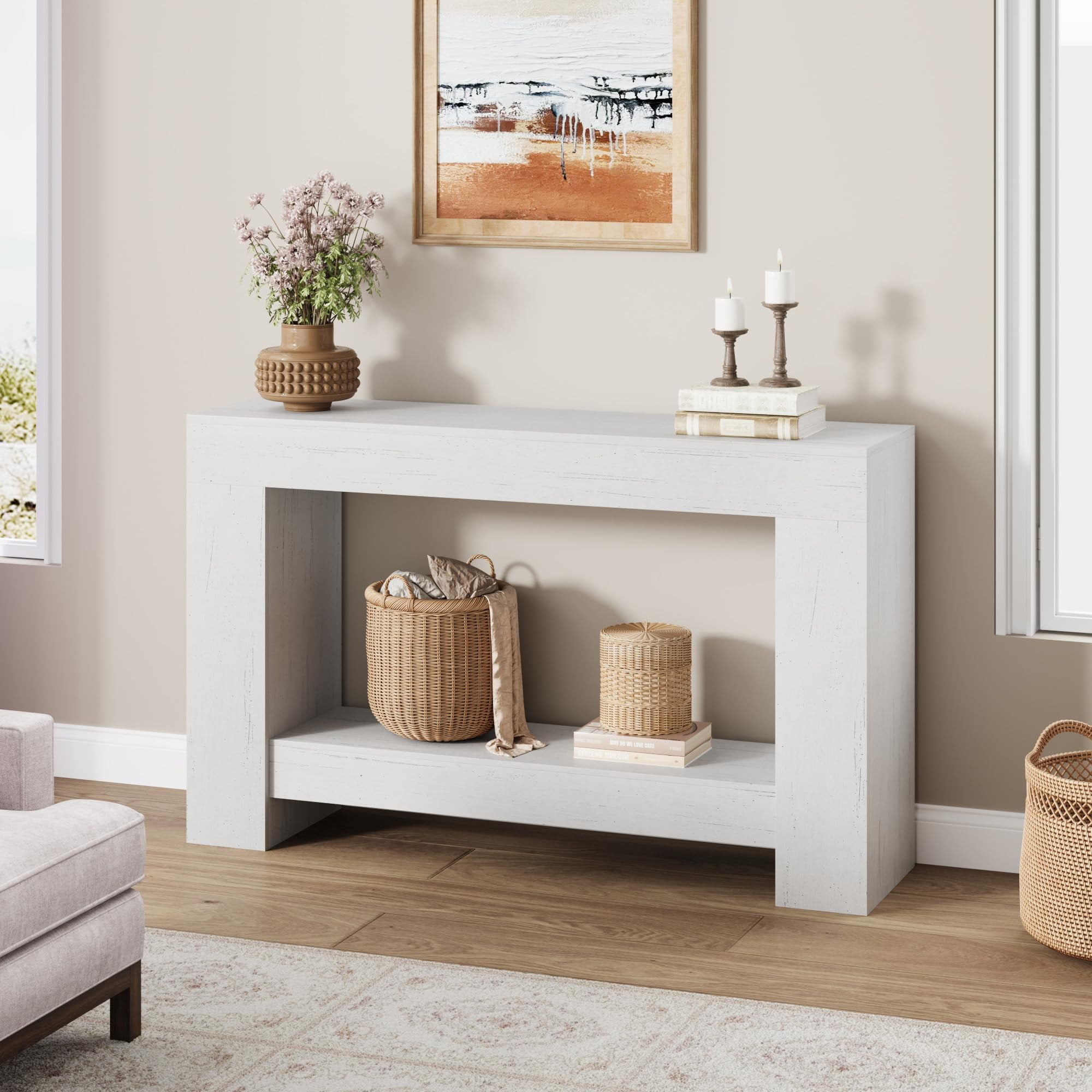 Farmhouse Console Table with Storage, 47 Inch Wide 2-Tier Sofa Table, Entryway Table for Living Room, Hallway, or Foyer